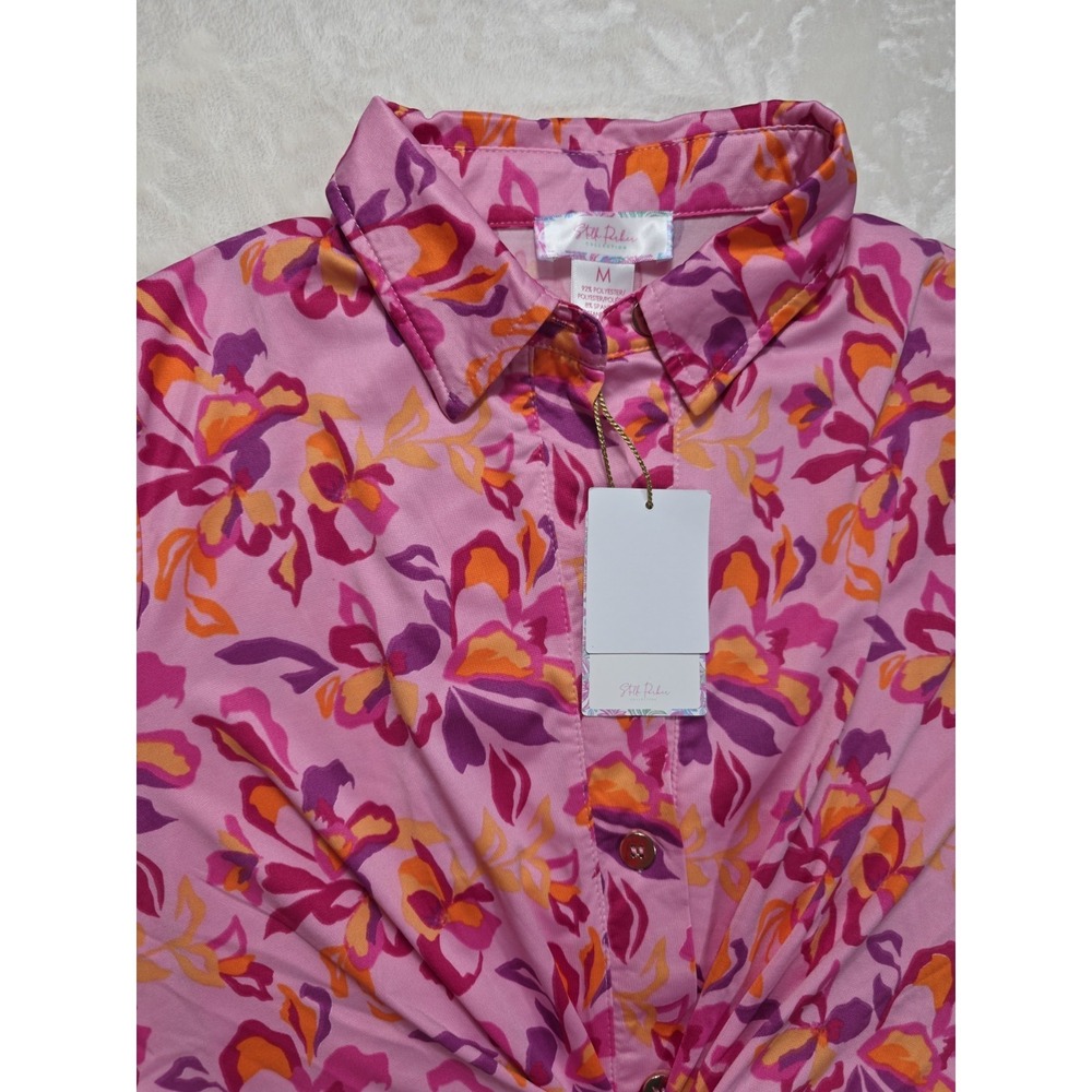 Stella Parker UPF Sun Protection Floral Twist Shirt Dress Pink Fuchsia M NWT - Picture 5 of 12